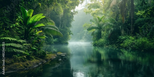 A serene scene of a misty river flowing gently through a dense jungle, showcasing nature's tranquility and beauty