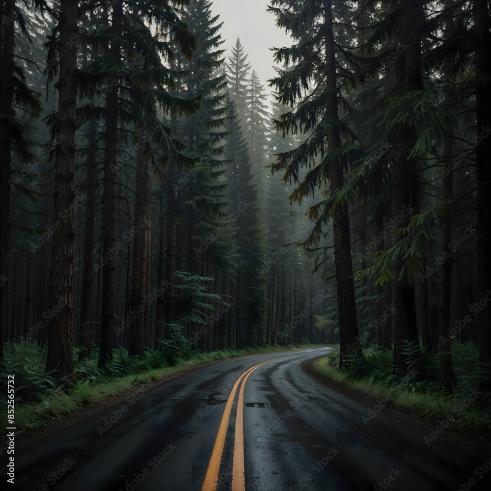 Foggy road in the dark, misty forest at late autumn. Background, illustration concept. The road into the forest in the rainy season Foggy road in the dark, misty forest at late autumn. Background, illustration concept. The road into the forest in the rainy season