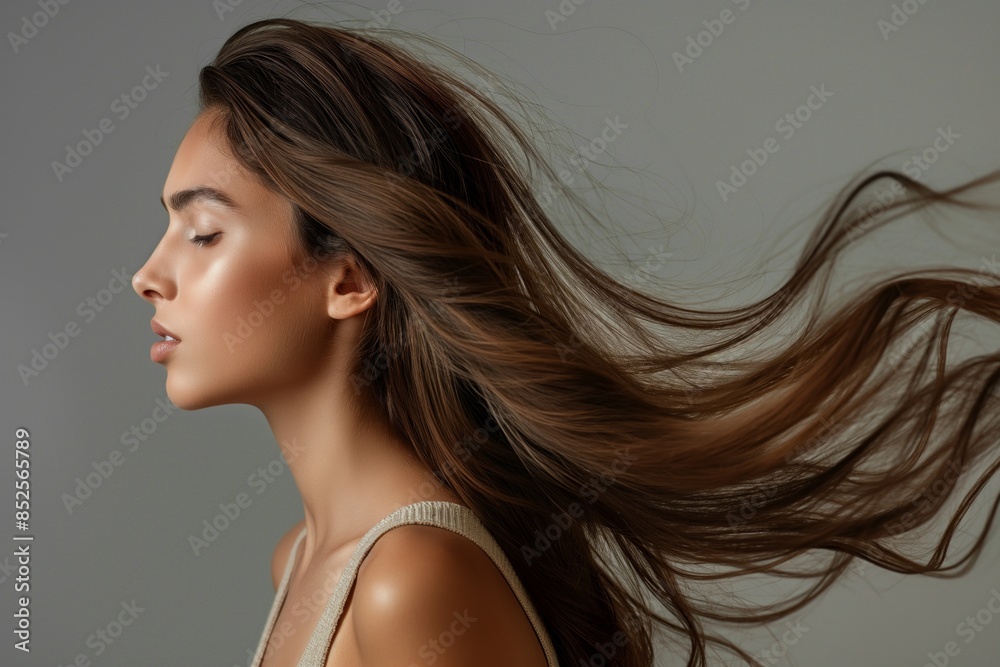 Brazilian beauty poses with her hair swept elegantly by wind Brazilian beauty poses with her hair swept elegantly by wind