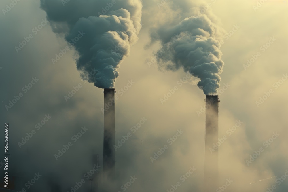Close-up of smoke and steam billowing from industrial chimneys, representing the carbon footprint of manufacturing. Close-up of smoke and steam billowing from industrial chimneys, representing the carbon footprint of manufacturing.