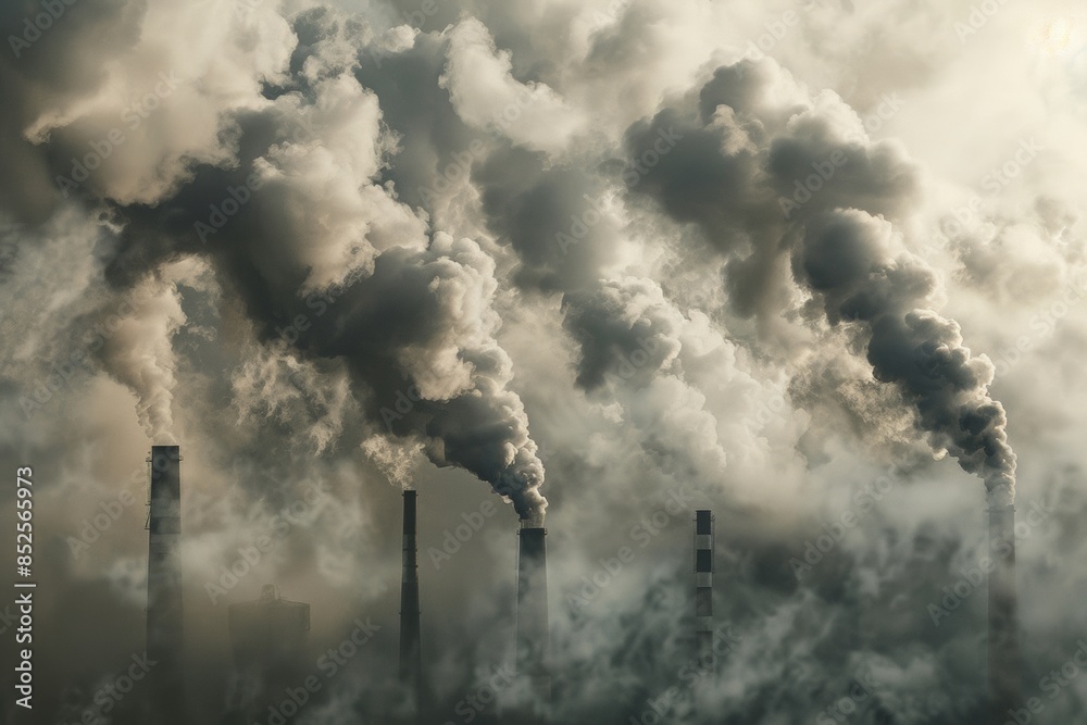 Close-up of smoke and steam billowing from industrial chimneys, representing the carbon footprint of manufacturing. Close-up of smoke and steam billowing from industrial chimneys, representing the carbon footprint of manufacturing.