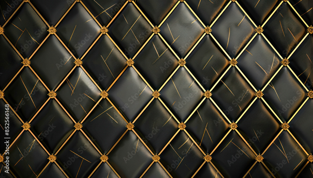 Fototapeta premium The image features a detailed shot of black and gold quilted leather with a textured appearance