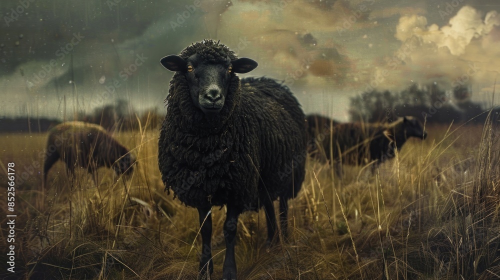 Fototapeta premium Black Sheep Standing in a Field of Tall Grass