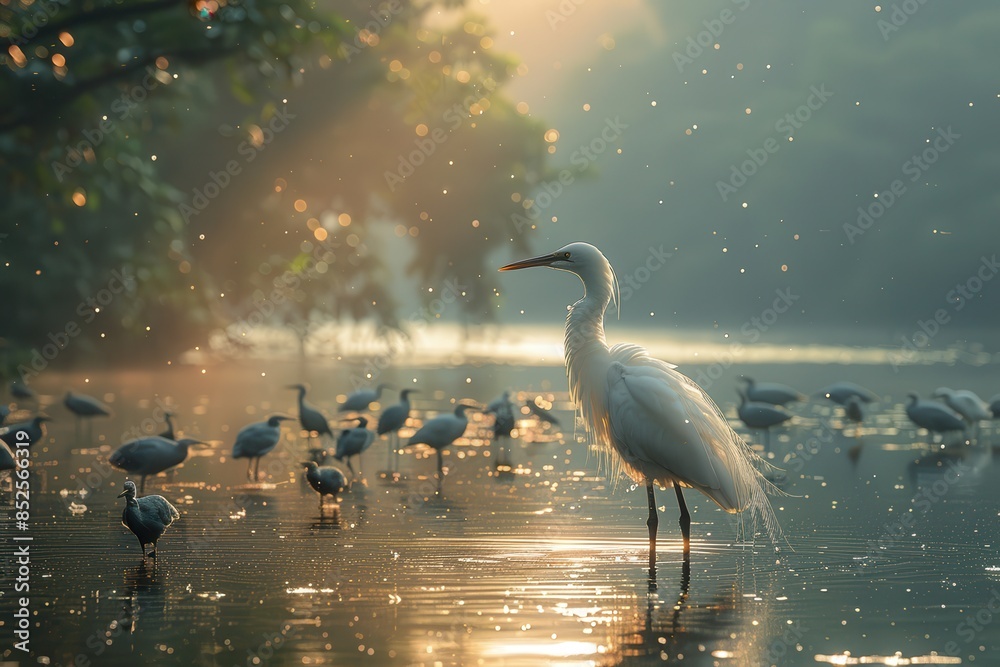 Fototapeta premium A bird sanctuary with various species in their natural habitat, showcasing bird conservation efforts.