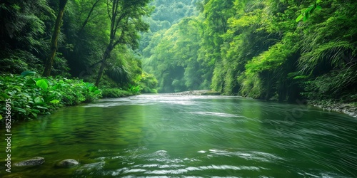 A mystical river gently flows through a lush forest under the cover of mist and rich plant life
