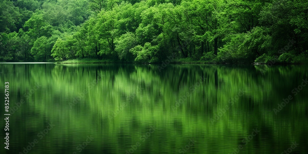 Calm waters of a secluded lake mirroring the rich greenery of surrounding trees Calm waters of a secluded lake mirroring the rich greenery of surrounding trees