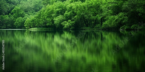 Calm waters of a secluded lake mirroring the rich greenery of surrounding trees