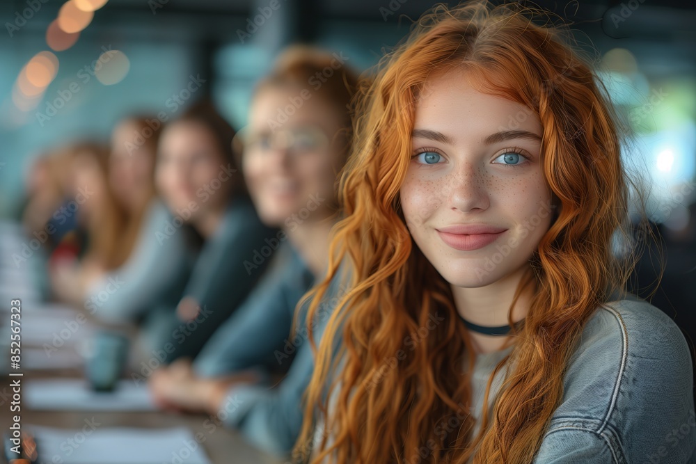 A group of girls are sitting at a table with one girl in the center. She has red hair and is smiling A group of girls are sitting at a table with one girl in the center. She has red hair and is smiling