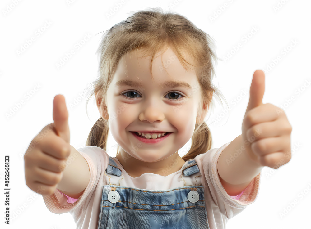 A cute little girl is smiling and showing thumbs up against white background. Photoshoot for advertising children products, back to school, children clothing, and many more A cute little girl is smiling and showing thumbs up against white background. Photoshoot for advertising children products, back to school, children clothing, and many more