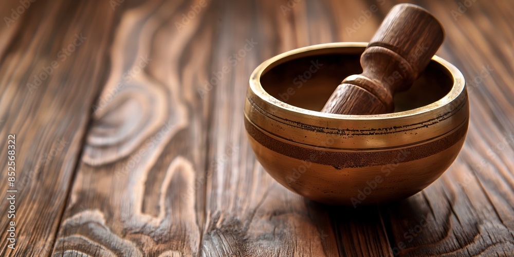 A Tibetan singing bowl with a wooden mallet rests on a textured wooden table, symbolizing meditation and healing A Tibetan singing bowl with a wooden mallet rests on a textured wooden table, symbolizing meditation and healing