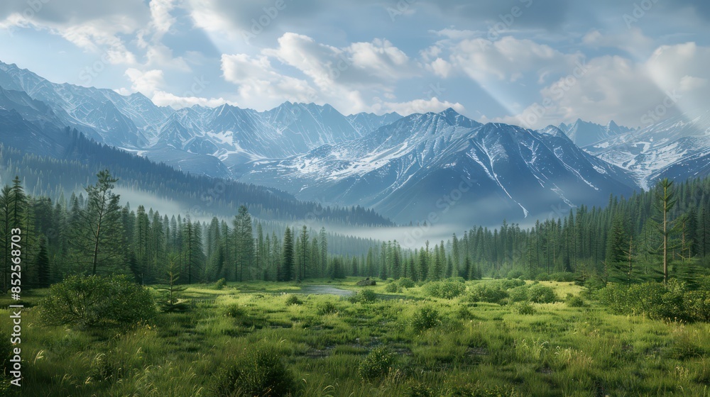 Panorama of a rocky mountain meadow with larch trees and mountain range in the background Panorama of a rocky mountain meadow with larch trees and mountain range in the background