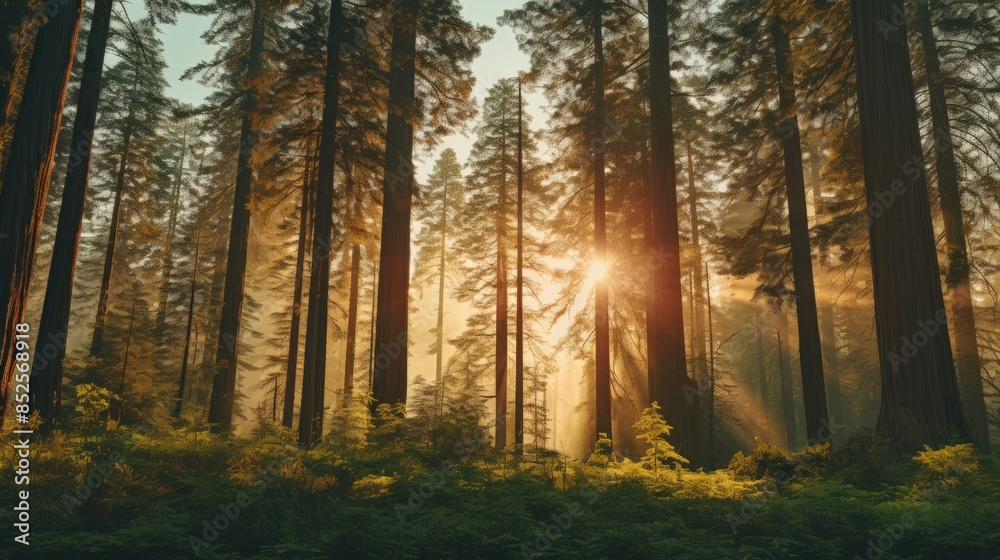 Fototapeta premium Sunlight streaming through tall trees in a tranquil forest, casting a warm, serene glow over the lush greenery and creating a peaceful atmosphere.