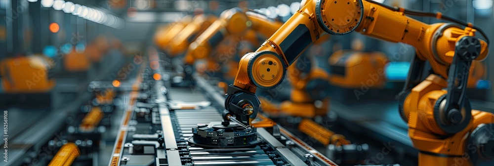 A panoramic banner of an industrial automated production line with multiple robotic arms engaged in manufacturing A panoramic banner of an industrial automated production line with multiple robotic arms engaged in manufacturing