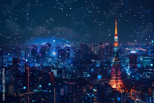 Wallpaper Mural A night view of a city from a tall building. The city is covered in snow and the lights of the buildings are reflected in the snow. The Tokyo Tower is visible in the distance. Torontodigital.ca
