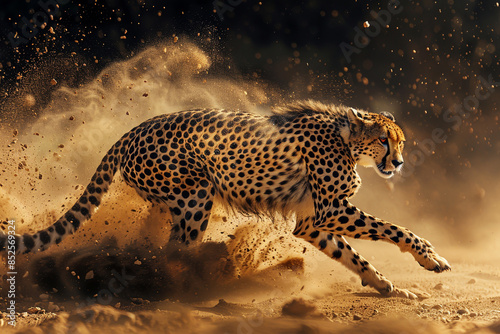 Cheetah at full speed, particles of sand all around