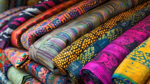 Indoor photo of african textiles in a variety of sizes and vibrant, bright colors intricate detail high resolution high definition sharp focus. 