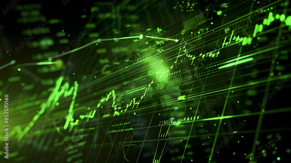stock market chart with a clear uptrend shown at a dynamic angle, green colour stock market chart with a clear uptrend shown at a dynamic angle, green colour