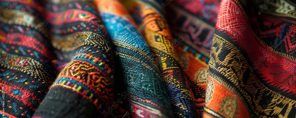 Close-up of a colorful traditional fabric pattern from a specific culture Close-up of a colorful traditional fabric pattern from a specific culture