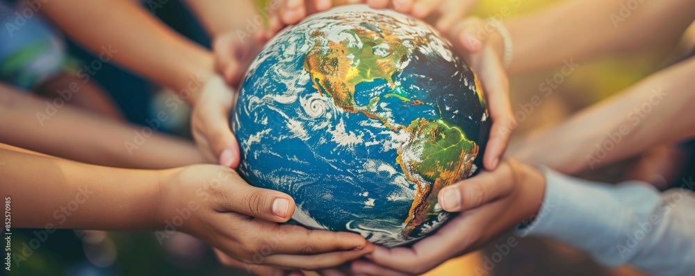 Close-up of a diverse group of people s hands holding a globe, representing global unity and cultural diversity, with a plain background Copy space Close-up of a diverse group of people s hands holding a globe, representing global unity and cultural diversity, with a plain background Copy space