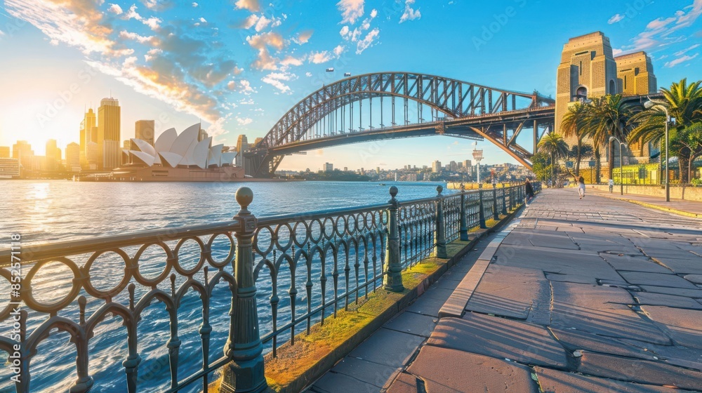 Fototapeta premium the Sydney Harbour Bridge, Sydney, Australia, iconic steel arch bridge, city landmark,nice mood on nice background