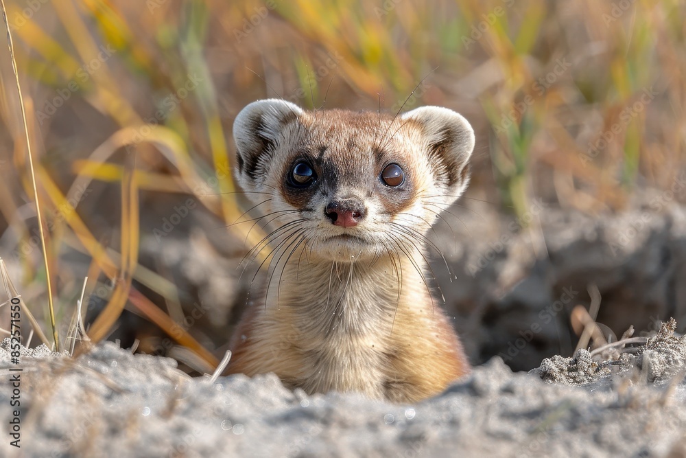 Fototapeta premium A black-footed ferret peeking out from its burrow in a grassy prairie, its slender body and masked face alert and watchful. 