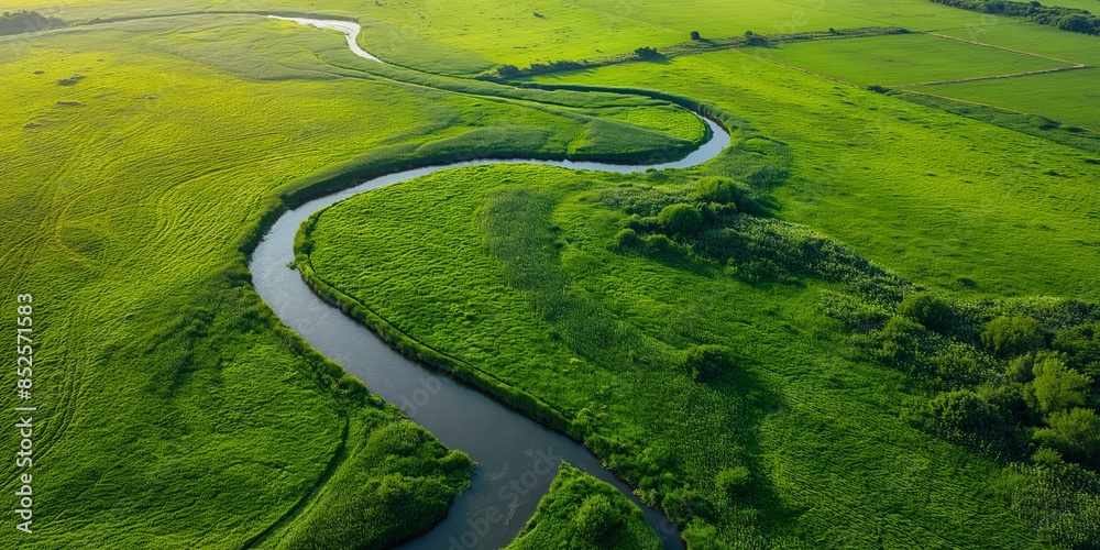 A striking aerial view showcases the natural meander of a river through lush green countryside A striking aerial view showcases the natural meander of a river through lush green countryside