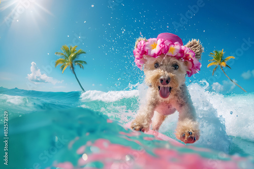 Cute poodle dog surfing and having fun on a surfboard wearing a floral hat at the ocean shore. Spacy text.