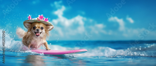 Cute chihuahua dog surfing and having fun on a surfboard wearing a floral hat at the ocean shore. Spacy text. Banner