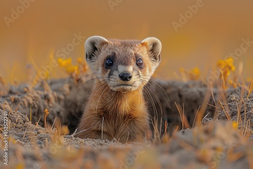 A black-footed ferret peeking out from its burrow in a grassy prairie, its slender body and masked face alert and watchful.  photo
