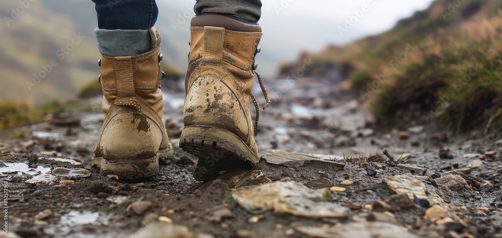 Close-up of a pair of well-worn hiking boots on a rugged trail, showcasing an authentic outdoor lifestyle, ideal for themes of adventure and natural living