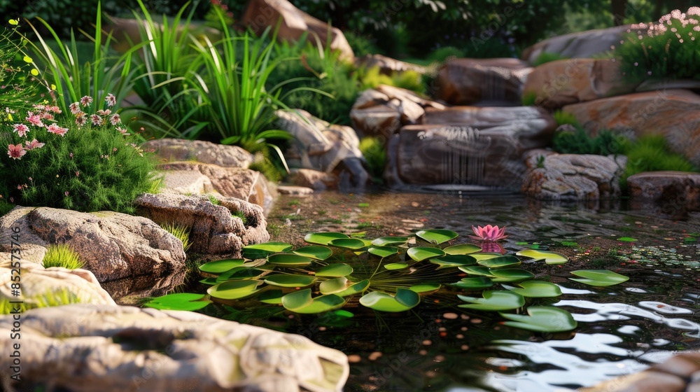 Artificial pond adorned with stone embellishments Artificial pond adorned with stone embellishments