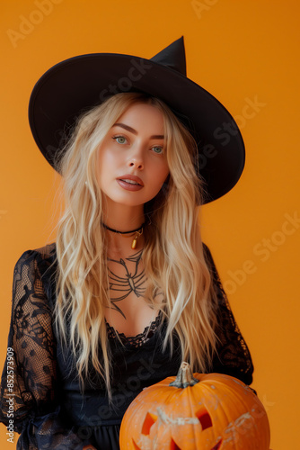 blonde witch wearing a black dress and hat holding a Halloween pumpkin, on a studio smooth orange background with copy space photo