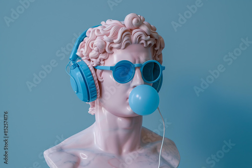 gods in blue sunglasses and headphones, blowing bubblegum. Greek statue,modern art, pop culture fusion, contemporary decor, trendy advertisement, youth fashion campaigns, quirky interior design photo