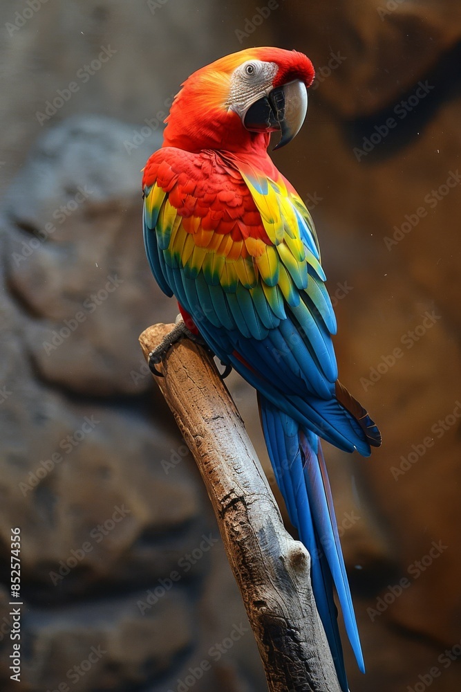 Obraz premium Colorful Parrot: A close-up of a brightly colored parrot perched on a branch, showcasing its vibrant feathers and sharp beak.