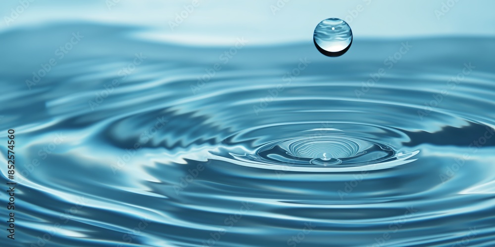 A detailed view capturing a single water droplet about to impact a body of water, creating symmetrical ripples A detailed view capturing a single water droplet about to impact a body of water, creating symmetrical ripples