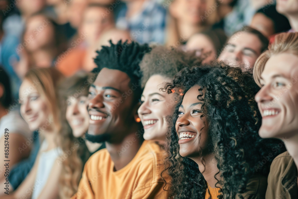 Fototapeta premium A group of people are gathered in a theater, enjoying a shared moment of laughter and amusement
