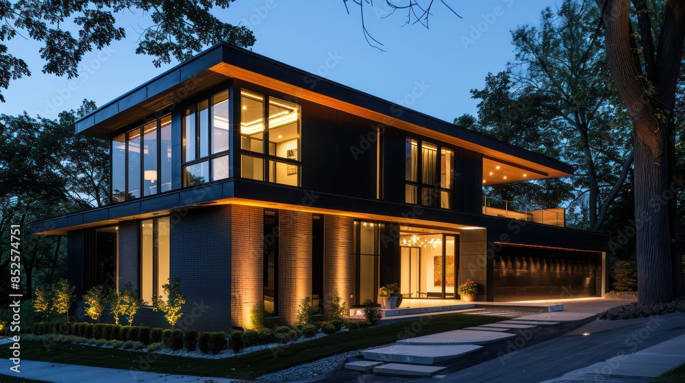 Photo of modern house with outdoor lighting, at night, external view Photo of modern house with outdoor lighting, at night, external view