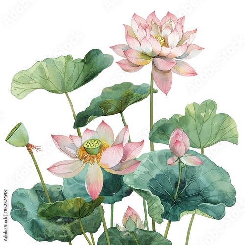 Watercolor lotus clipart with serene pink blooms and green lily pads.