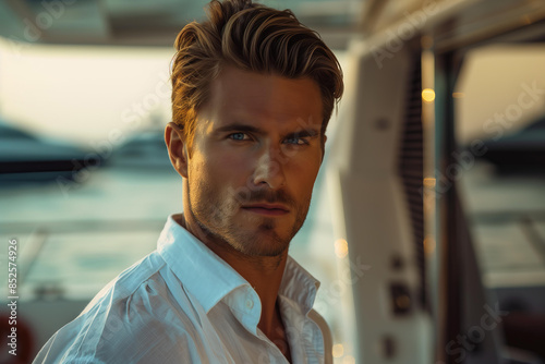 tanned skin, hot and attractive blonde oldmoney style young man billionaire , wearing a luxurious summer white shirt. Looking at camera with piercing and sensual gaze. yacht background photo