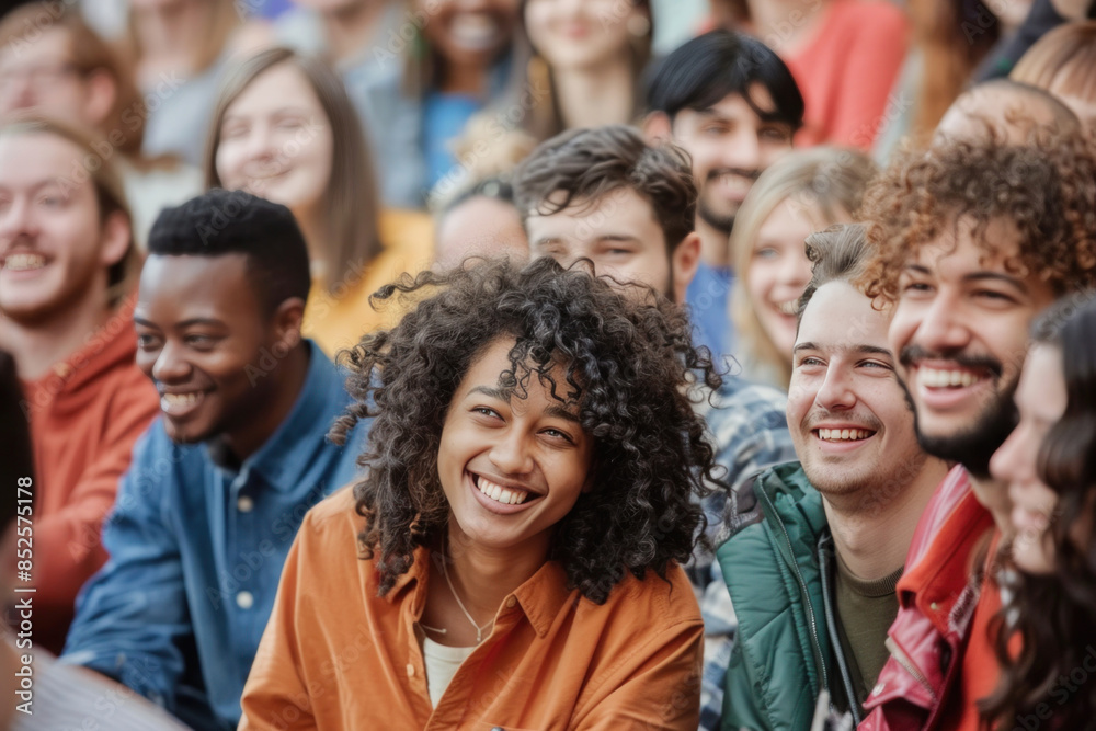 A group of people are gathered in a theater, enjoying a shared moment of laughter and amusement A group of people are gathered in a theater, enjoying a shared moment of laughter and amusement