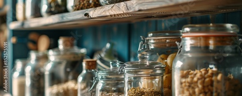 Wallpaper Mural Close-up of glass jars and containers being used for pantry storage, showcasing a zero-waste lifestyle, suitable for themes of waste reduction and sustainable home practices Torontodigital.ca