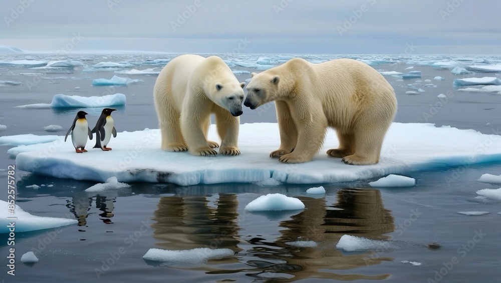 Global warming is captured in stunning images of melting ice at the North Pole. A pair of polar bears and penguins stood on a small Global warming is captured in stunning images of melting ice at the North Pole. A pair of polar bears and penguins stood on a small