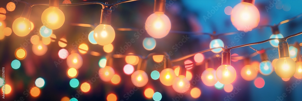 Colorful string lights with bokeh effect, creating a festive and magical atmosphere. Concept for holiday celebrations and party decor Colorful string lights with bokeh effect, creating a festive and magical atmosphere. Concept for holiday celebrations and party decor