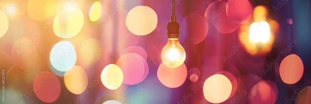 Single light bulb with colorful bokeh background, creating a festive and cheerful atmosphere. Concept for celebrations and party themes Single light bulb with colorful bokeh background, creating a festive and cheerful atmosphere. Concept for celebrations and party themes