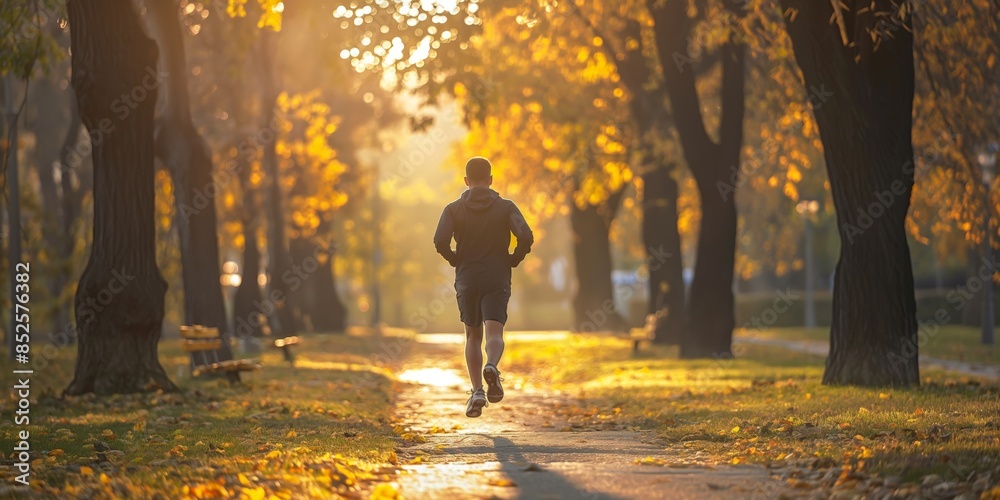 A solitary man jogs along a sunlit path lined with golden autumn trees, embracing a healthy lifestyle A solitary man jogs along a sunlit path lined with golden autumn trees, embracing a healthy lifestyle