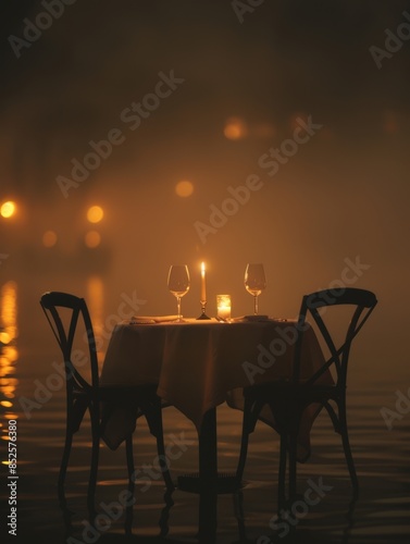 Romantic candlelit dinner setting by the water at night with two chairs and table, wine glasses, and warm ambient lighting. © KanitChurem