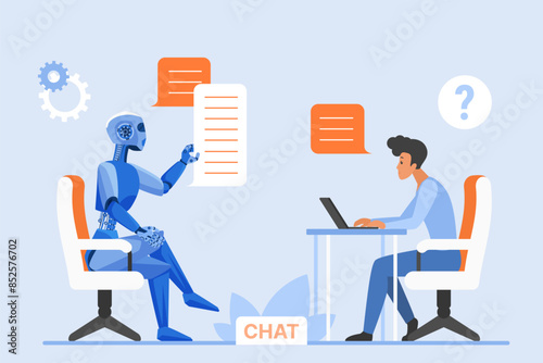 User and chat bot conversation, chatgpt, digital helpdesk. Tiny man sitting at computer desk to type text and chat questions, robot holding speech bubbles of answers cartoon vector illustration