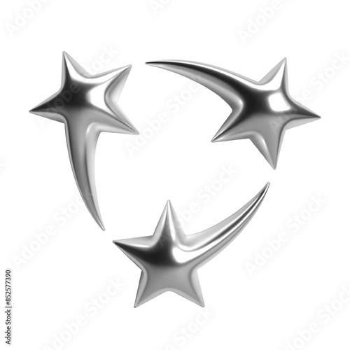 3d chrome stars with long, sleek curved tails and shiny silver surfaces. Isolated abstract elements in y2k style, perfect for futuristic, cosmic, celestial, and sci-fi designs, adding a glossy modern 