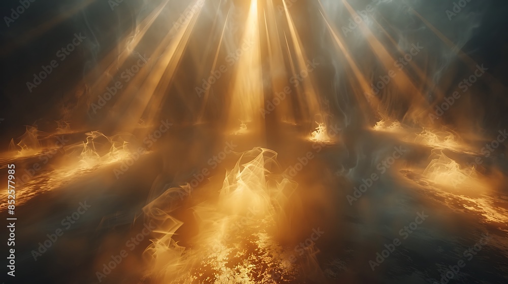Obraz premium A surreal scene of beams of light intersecting in a foggy atmosphere to form luminous octagons. The ethereal light illuminates the mist, creating a mystical and captivating atmosphere.