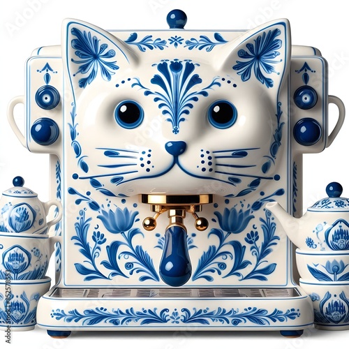 Picture of a vintage-style porcelain espresso coffee maker that looks like a white cat.
 photo